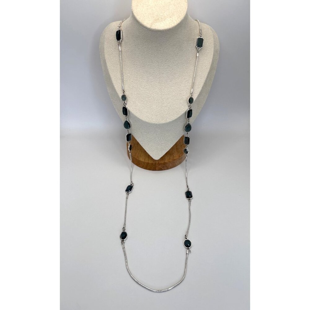 Nine West Silver Tone Blue Faceted Stone Long 42" Necklace Signed